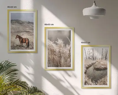 3er-Set Bilder mit Rahmen Motiv Pferde, Landschaft, Gras und Bach