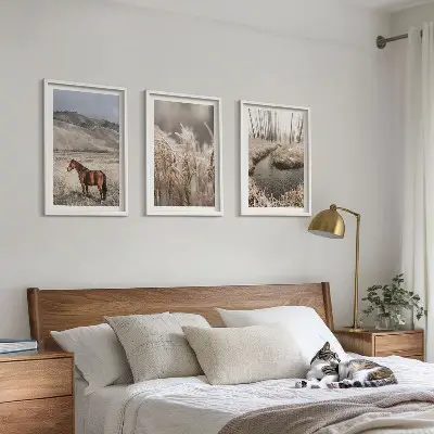 3er-Set Bilder mit Rahmen Motiv Pferde, Landschaft, Gras und Bach