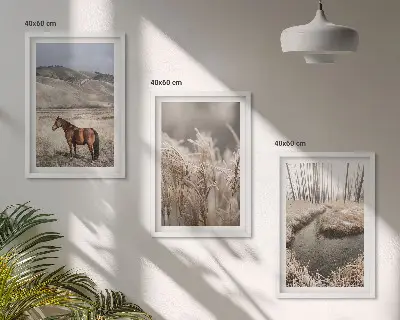 3er-Set Bilder mit Rahmen Motiv Pferde, Landschaft, Gras und Bach