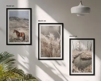 3er-Set Bilder mit Rahmen Motiv Pferde, Landschaft, Gras und Bach