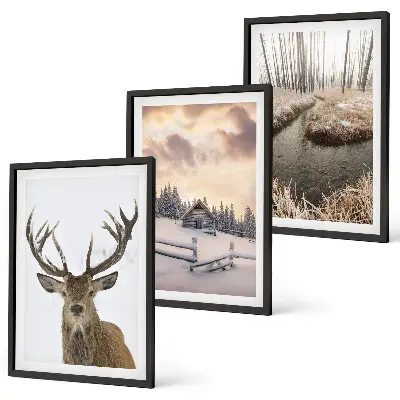 Hirschhütte in Winterlandschaft gerahmtes Bilderset