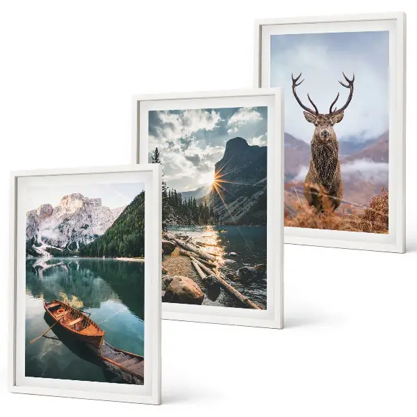 3er-Set Bilder mit Rahmen mit Motiven von Bergsee, Bootsfahrt, Sonnenuntergang und Hirschen