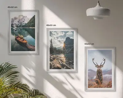 3er-Set Bilder mit Rahmen mit Motiven von Bergsee, Bootsfahrt, Sonnenuntergang und Hirschen