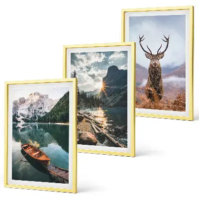 3er-Set Bilder mit Rahmen mit Motiven von Bergsee, Bootsfahrt, Sonnenuntergang und Hirschen