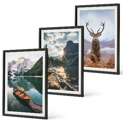 3er-Set Bilder mit Rahmen mit Motiven von Bergsee, Bootsfahrt, Sonnenuntergang und Hirschen