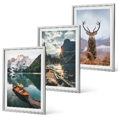 3er-Set Bilder mit Rahmen mit Motiven von Bergsee, Bootsfahrt, Sonnenuntergang und Hirschen