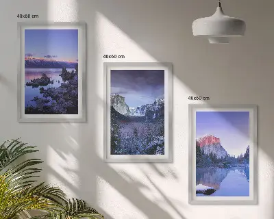 Bilder-3er-Set mit Rahmen mit Berglandschaften, Sonnenuntergang und Wasser