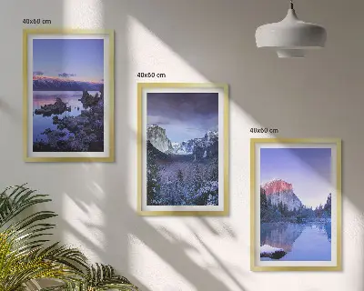 Bilder-3er-Set mit Rahmen mit Berglandschaften, Sonnenuntergang und Wasser
