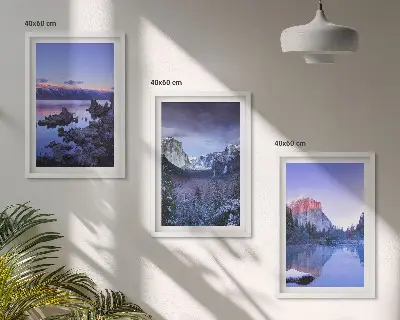 Bilder-3er-Set mit Rahmen mit Berglandschaften, Sonnenuntergang und Wasser