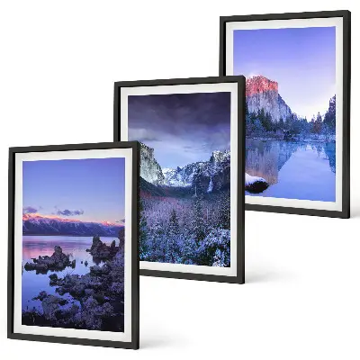 Bilder-3er-Set mit Rahmen mit Berglandschaften, Sonnenuntergang und Wasser