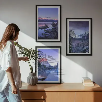 Bilder-3er-Set mit Rahmen mit Berglandschaften, Sonnenuntergang und Wasser
