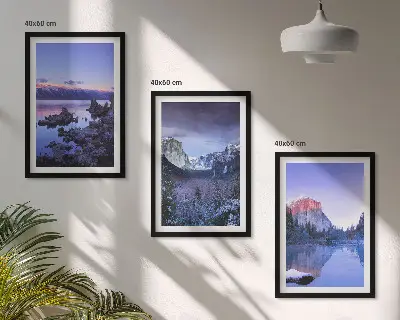 Bilder-3er-Set mit Rahmen mit Berglandschaften, Sonnenuntergang und Wasser
