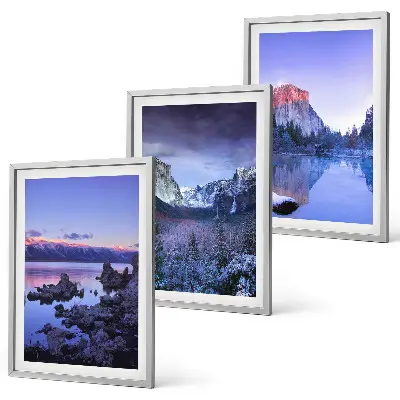 Bilder-3er-Set mit Rahmen mit Berglandschaften, Sonnenuntergang und Wasser