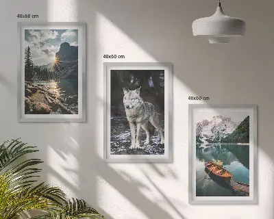 3er-Set Wandbilder mit Rahmen mit Motiven von Bergen, Seen und Wölfen