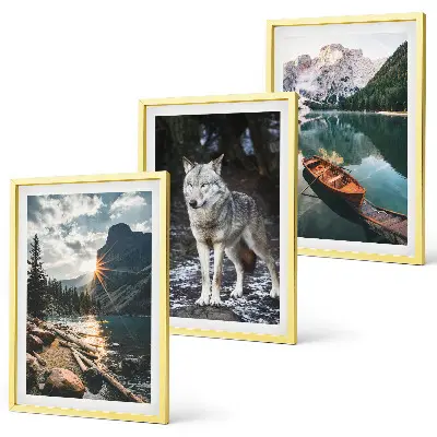 3er-Set Wandbilder mit Rahmen mit Motiven von Bergen, Seen und Wölfen