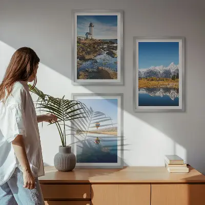 Gerahmtes Bilderset mit Naturansichten von Leuchtturm, Bergen und Ballonfahrt