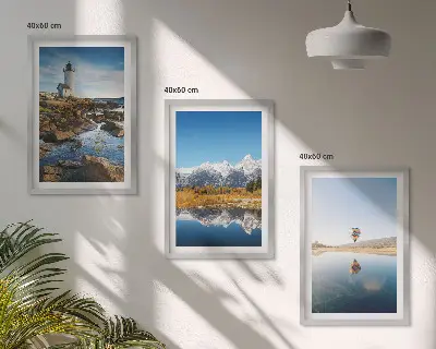 Gerahmtes Bilderset mit Naturansichten von Leuchtturm, Bergen und Ballonfahrt