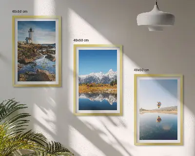 Gerahmtes Bilderset mit Naturansichten von Leuchtturm, Bergen und Ballonfahrt