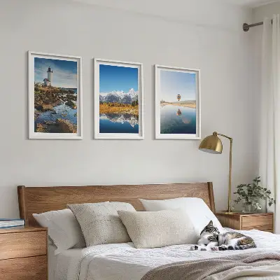 Gerahmtes Bilderset mit Naturansichten von Leuchtturm, Bergen und Ballonfahrt