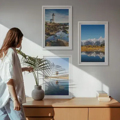 Gerahmtes Bilderset mit Naturansichten von Leuchtturm, Bergen und Ballonfahrt