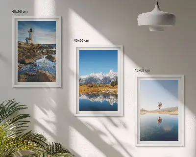 Gerahmtes Bilderset mit Naturansichten von Leuchtturm, Bergen und Ballonfahrt