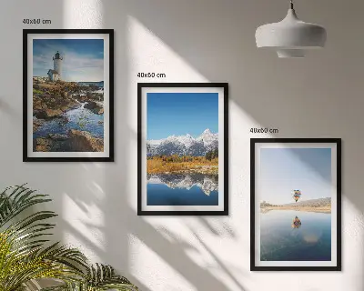 Gerahmtes Bilderset mit Naturansichten von Leuchtturm, Bergen und Ballonfahrt