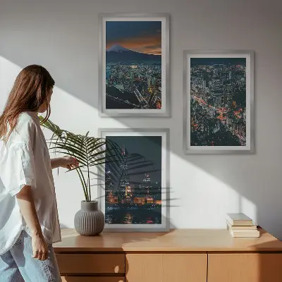 Gerahmtes Bilderset Stadtpanorama bei Nacht