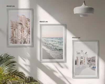 Gerahmtes Bilderset mit Motiven von Pflanzen, Meereswellen, Aussicht und Häusern