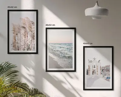 Gerahmtes Bilderset mit Motiven von Pflanzen, Meereswellen, Aussicht und Häusern