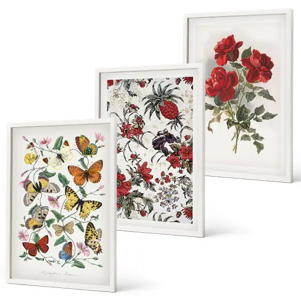 Gerahmtes Bilderset Schmetterlinge mit Blumen und roten Rosen