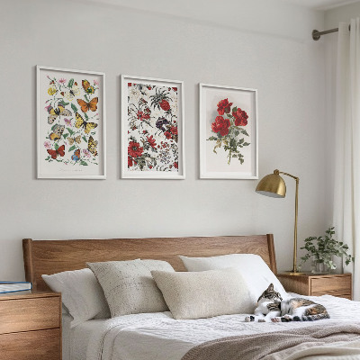 Gerahmtes bilderset Schmetterlinge, Blumen, rote Rosen