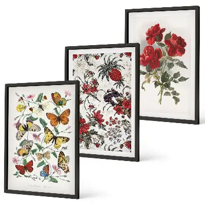 Gerahmtes Bilderset Schmetterlinge mit Blumen und roten Rosen