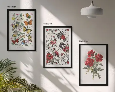 Gerahmtes Bilderset Schmetterlinge mit Blumen und roten Rosen