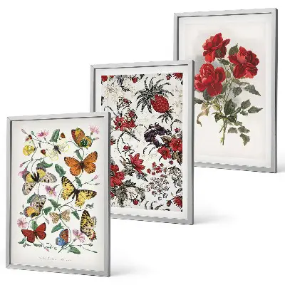 Gerahmtes Bilderset Schmetterlinge mit Blumen und roten Rosen