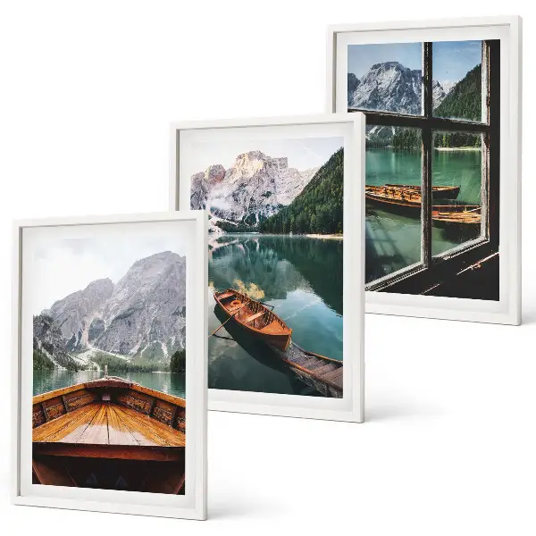 Fenster für Boote auf dem Bergsee 3er-Set Bilder mit Rahmen