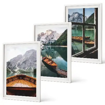 Fenster für Boote auf dem Bergsee 3er-Set Bilder mit Rahmen