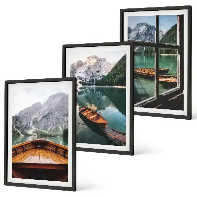 Fenster für Boote auf dem Bergsee 3er-Set Bilder mit Rahmen