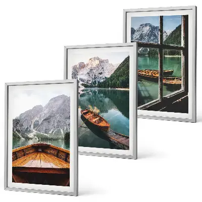 Fenster für Boote auf dem Bergsee 3er-Set Bilder mit Rahmen