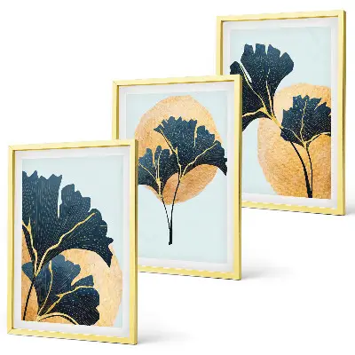 3er-Set Wandbilder mit Rahmen Ginkgoblätter auf hellem Hintergrund