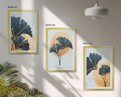 3er-Set Wandbilder mit Rahmen Ginkgoblätter auf hellem Hintergrund