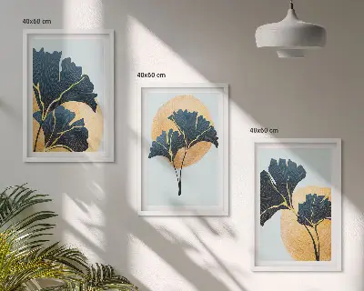 3er-Set Wandbilder mit Rahmen Ginkgoblätter auf hellem Hintergrund