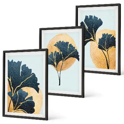 3er-Set Wandbilder mit Rahmen Ginkgoblätter auf hellem Hintergrund