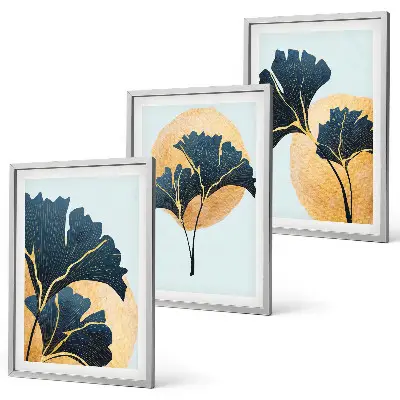 3er-Set Wandbilder mit Rahmen Ginkgoblätter auf hellem Hintergrund