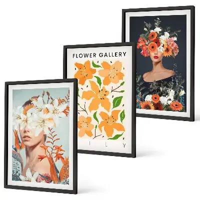 Blumenporträts mit Blumensträußen 3er-Set mit Rahmen