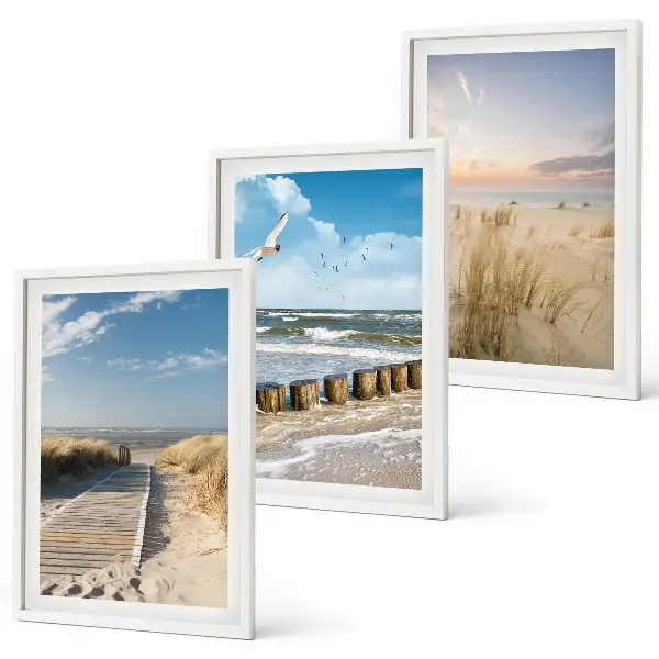 3er-Set Bilder mit Rahmen Motiv Strand mit Sand, Wellen, Himmel und Vögeln