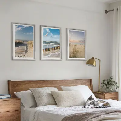 3er-Set Bilder mit Rahmen Motiv Strand mit Sand, Wellen, Himmel und Vögeln