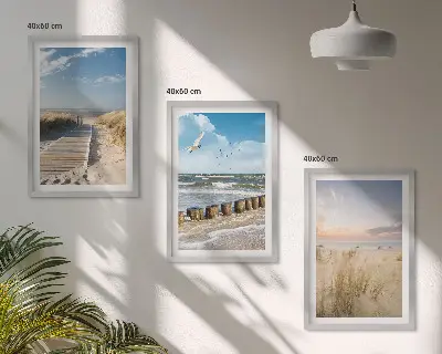 3er-Set Bilder mit Rahmen Motiv Strand mit Sand, Wellen, Himmel und Vögeln