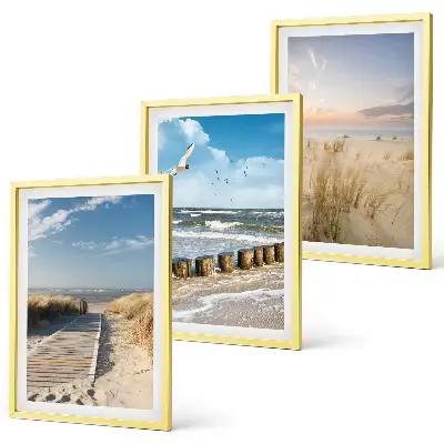 3er-Set Bilder mit Rahmen Motiv Strand mit Sand, Wellen, Himmel und Vögeln