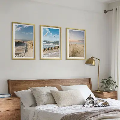 3er-Set Bilder mit Rahmen Motiv Strand mit Sand, Wellen, Himmel und Vögeln