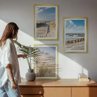 3er-Set Bilder mit Rahmen Motiv Strand mit Sand, Wellen, Himmel und Vögeln